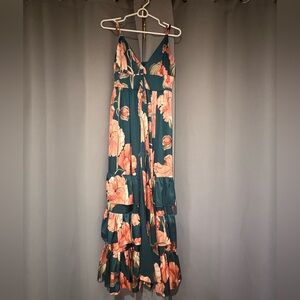 Stunning green floral v- neck, side slit dress.